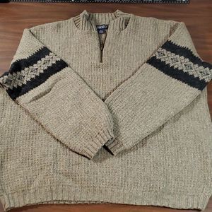 Vtg Lands End Mens XL Army Olive Green Nordic Ski Sweater Wool Faire Isle ¼ Zip‎